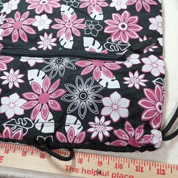 Pink & Black Floral Cinch Bag Nylon Backpack 12x15 Drawstring Lightweight - Picture 4 of 12